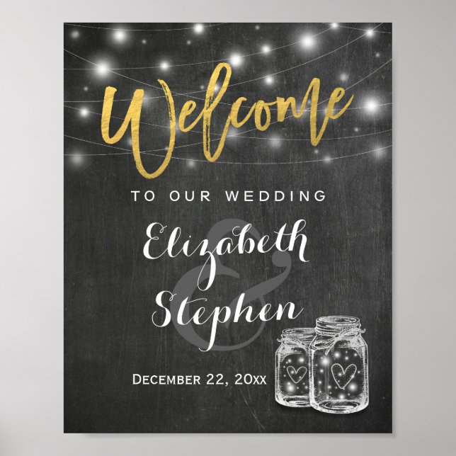 Poster Mason Jar String Lights Wedding Welcome Reception (Frente)