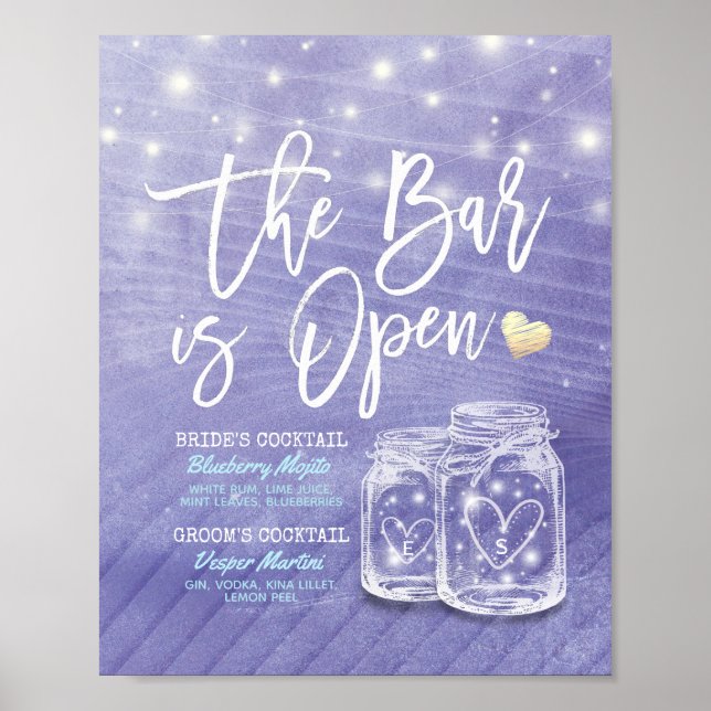 Poster Mason Jar Wedding Bar é Menu Open Drink (Frente)