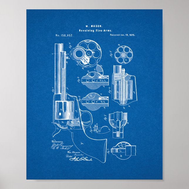 Pôster Mason Revolving Fire arm Patent - Blueprint (Frente)