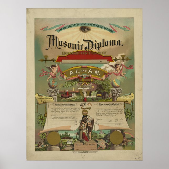 Pôster Masonic Diploma Freemason Freemasonry 1891 (Frente)