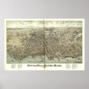 Poster Massa de Fall River. Mapa 1877 panorâmico antigo