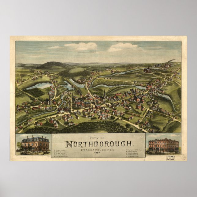 Poster Massa de Northborough. Mapa Panorâmico Antiquado d (Frente)