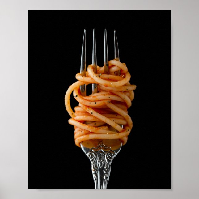 Poster Massas cuspidas num Fork, espaguete de Comida (Frente)