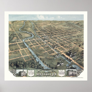 Pôster Massillon, Mapa Panorâmico OH - 1870