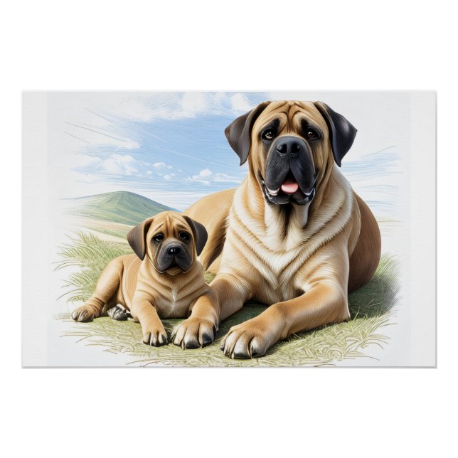Pôster Mastiff englische Dogge mit Kind im Urlaub (Frente)
