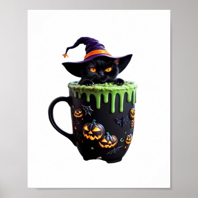 Poster Mata de café com bruxa-do-halloween - Gato preto-b (Frente)
