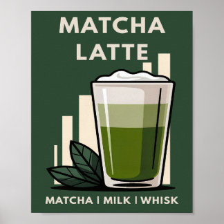 Poster Matcha Latte Retro Verde Escuro Gráfico de Café