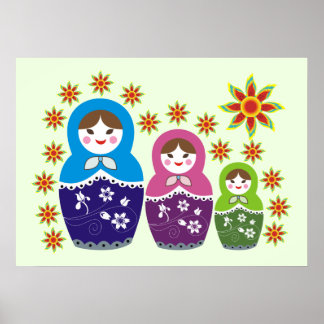 Poster Matryoshka Bonecas russas e girassóis verde-claro