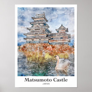 Poster Matsumoto Castle Japan Viagem Watercolor Sketch
