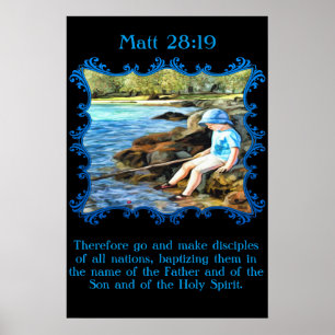 Poster Matt 28:19 Menino pescando no rio.