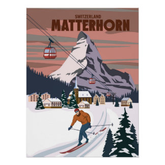 Pôster Matterhorn Ski resort poster, retro. Alpes Winter
