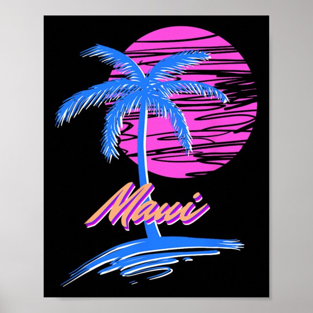Poster Maui Vaporwave Synth Ulun Sunset 80s Beach Retro (Frente)