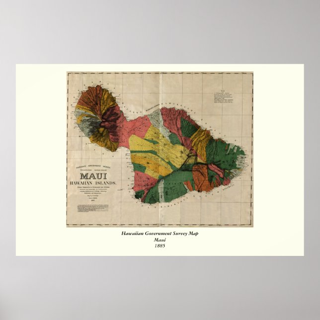 Poster Maui - Vintage Antiquarian Hawaii Survey Map, 1885 (Frente)