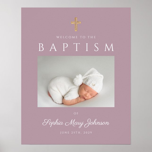 Poster Mauve Cross Photo Girl Baptism Bem-Vindo (Frente)