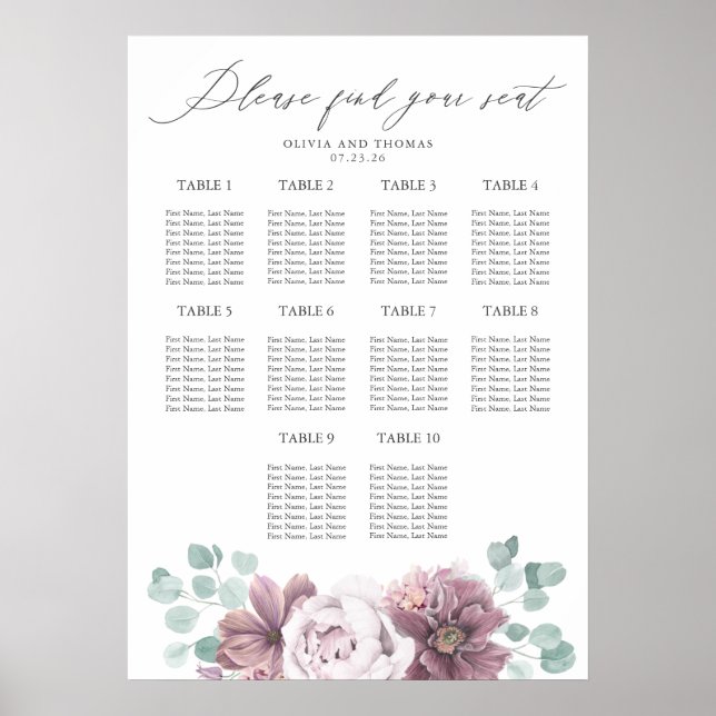 Poster Mauve Flowers e Eucalyptus Wedding Seating Chart (Frente)