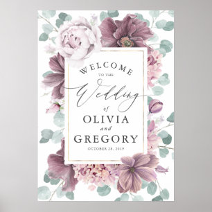 Poster Mauve Flowers Elegante Casamento Verde Bem-Vindo