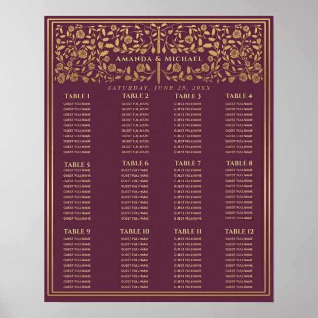 Poster Mauve Royal Medieval Sword Wedding Seating Chart (Frente)