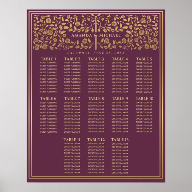 Poster Mauve Royal Medieval Sword Wedding Seating Chart (Frente)
