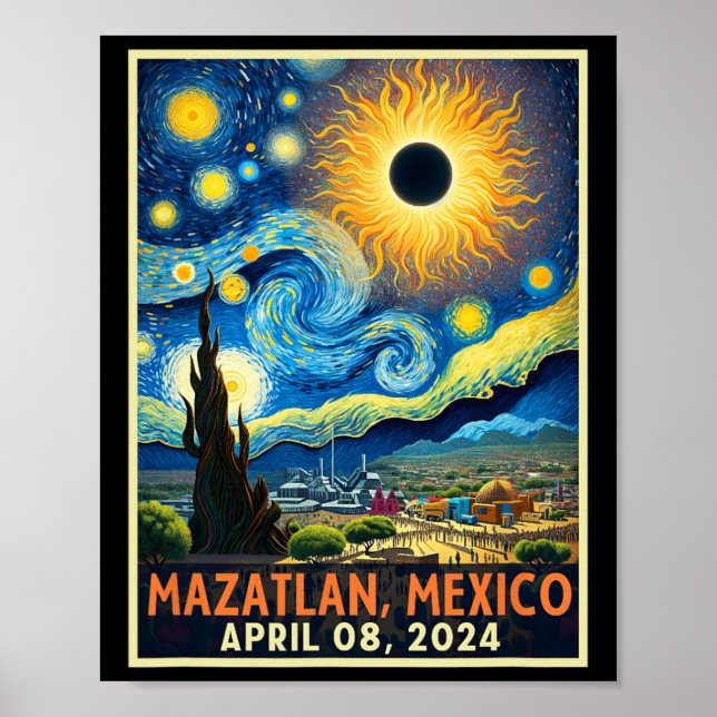 Poster Mazatlan Mexico Total Solar Eclipse 2024 Starry Ni (Frente)