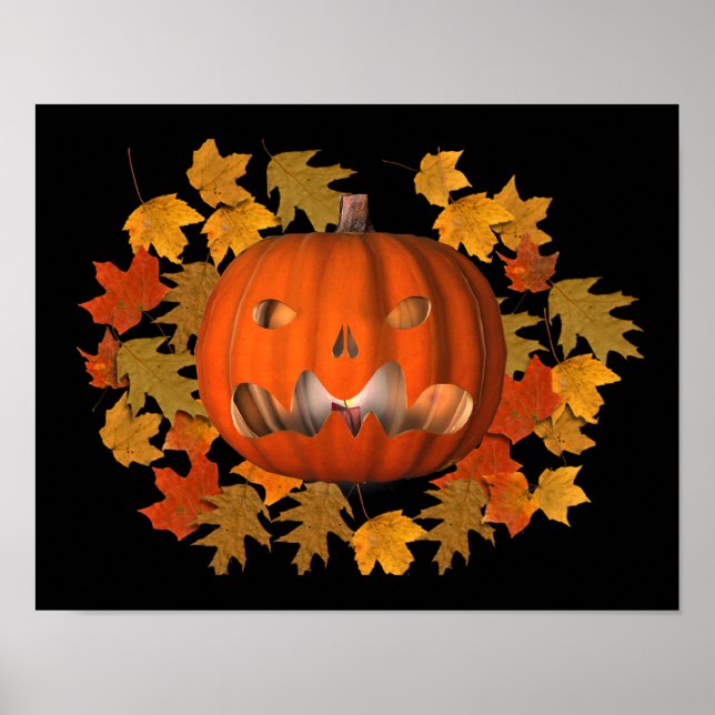 Pôster Mean Jack O Lantern And Autumn Leaves Halloween (Frente)