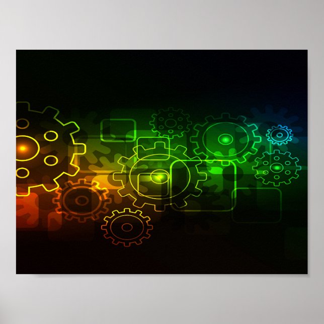Poster Mecânica de rodas negras neo-laranja verde (Frente)