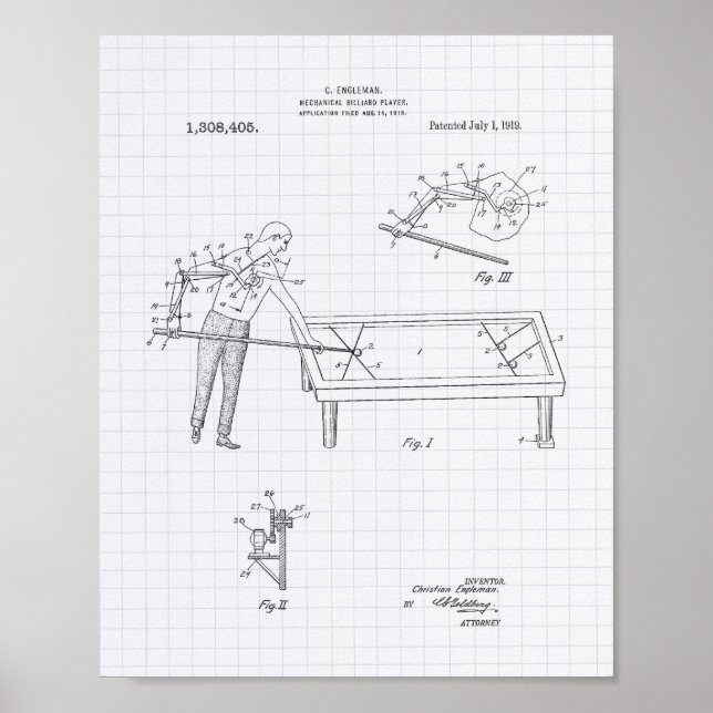 Pôster Mechanical Billiard 1919 Patent Art - Lined Peper (Frente)