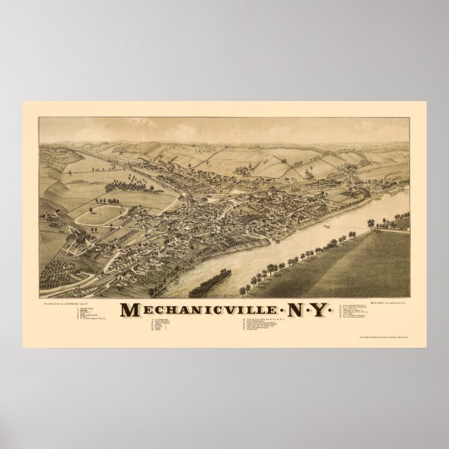 Pôster Mechanicville, Mapa Panorâmico NY - 1885 (Frente)