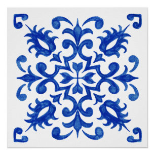 Pôster Medaillon central redondo de azulejo azul portuguê