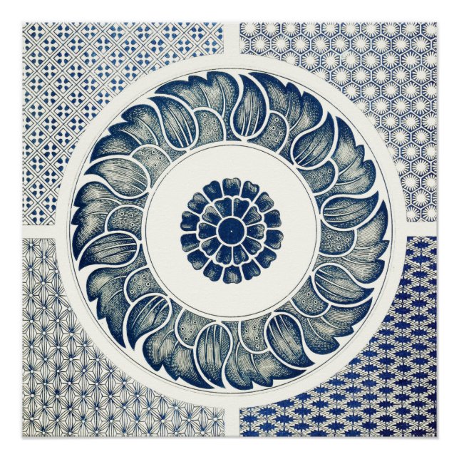 Pôster Medalhão Chinês: Chinoiserie Azul Índigo (Frente)