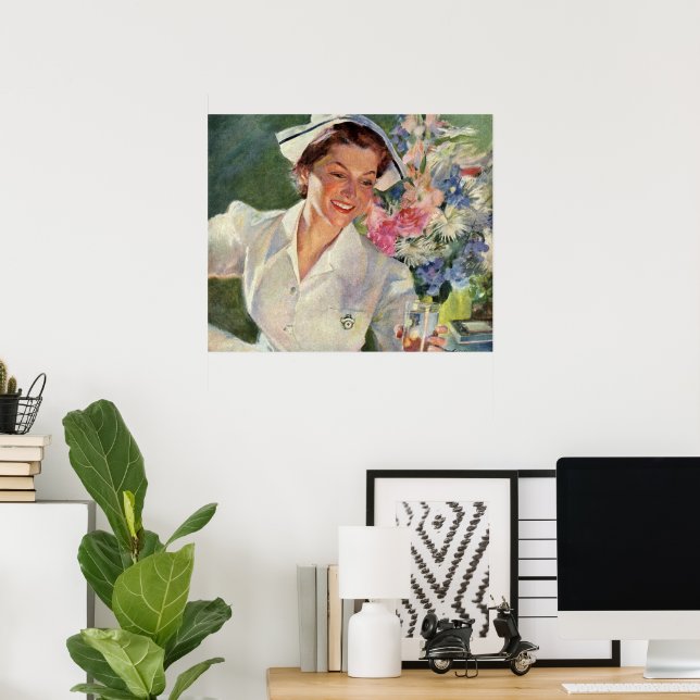 Poster Medicina Vintage, Enfermeira Feliz em Uniforme (Escritório em casa)