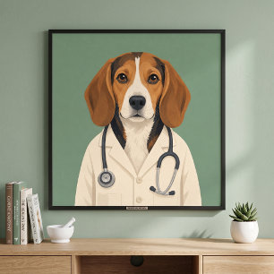 Poster Médico Beagle Vestindo Jaleco Médico e Estetoscópi