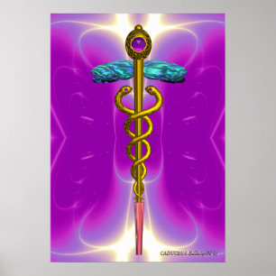Pôster Médico Dourado CADUCEUS, Símbolo Médico Rosa Fuchs