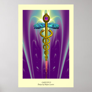 Poster Médico Dourado CADUCEUS, Símbolo Médico Verde Puro