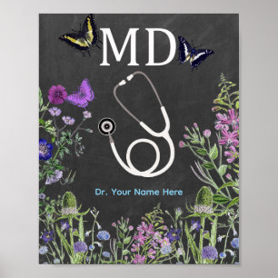 Poster Médico MD Estetoscópio Personalizado Floral