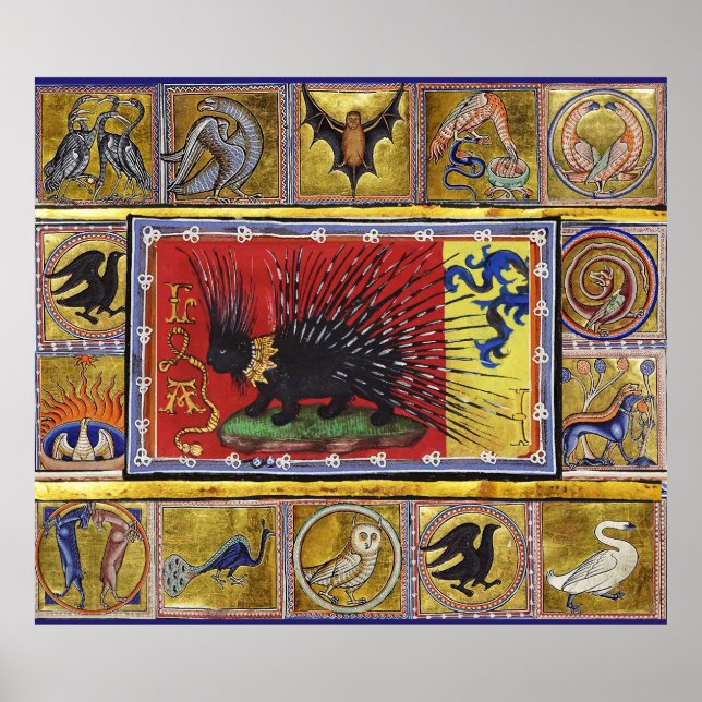 Poster MEDIEVAL BESTIARY,BLACK HEDGEHOG KING and ANIMALS  (Frente)