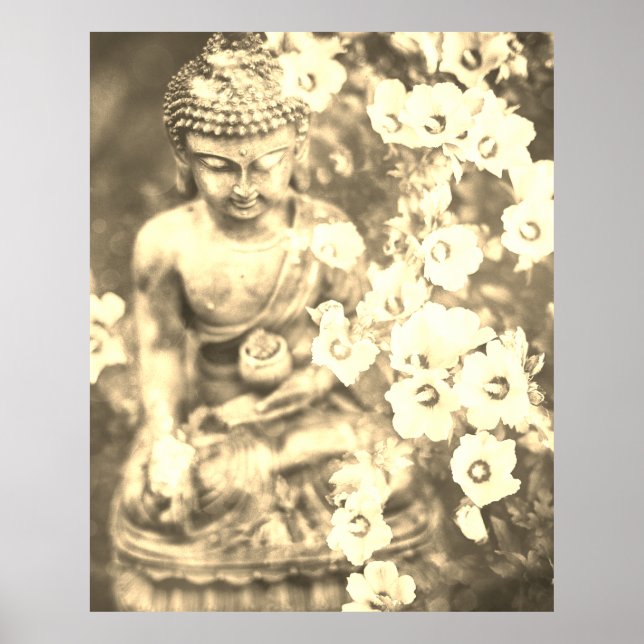 Poster *~* Meditação Zen Buddha Medita Flores Douradas (Frente)