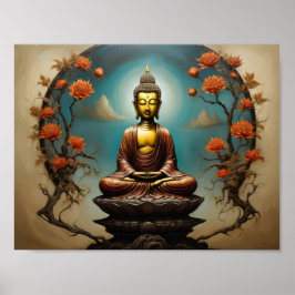 Poster Meditando Gautama Buddha com flores