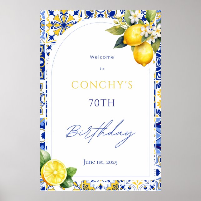 Poster Mediterranean Tiles Lemon Birthday Welcome Sign (Frente)
