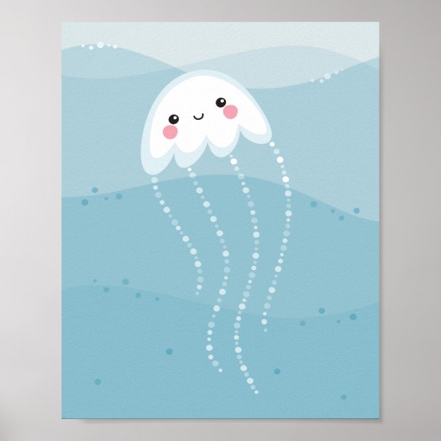 Poster Medusas kawaii fofas nadando em ondas azuis suaves (Frente)