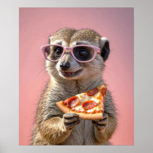 Poster Meerkat bonito com óculos e pizza