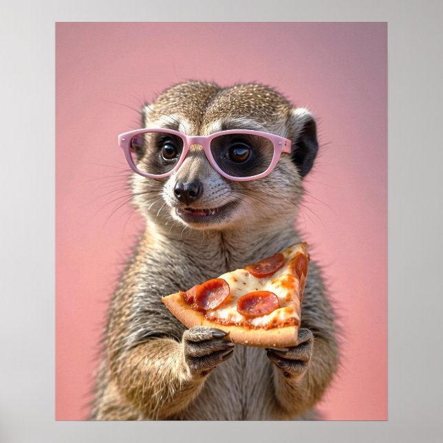 Poster Meerkat bonito com óculos e pizza (Frente)