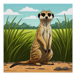 Pôster Meerkat standing alert in a field of grass