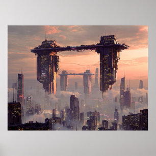 Poster Megaestruturas flutuantes futurísticas acima da ci
