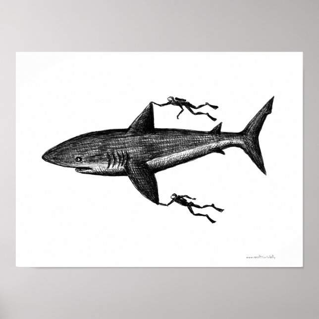 Poster Megalodon Shark e mergulhadores com desenho legal  (Frente)