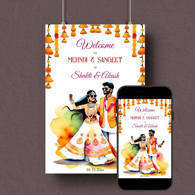Poster Mehndi Sangeet, casal de boas-vindas da Índia (Sangeet mehndi Indian wedding welcome sign poster instant download fun Indian dancing bridal couple)