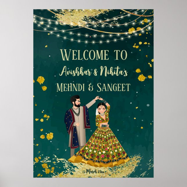 Poster Mehndi sangeet green com casal de dança bem-vindo (Frente)