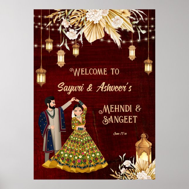 Poster Mehndi Sangeet maroon casal bem-vindo (Frente)