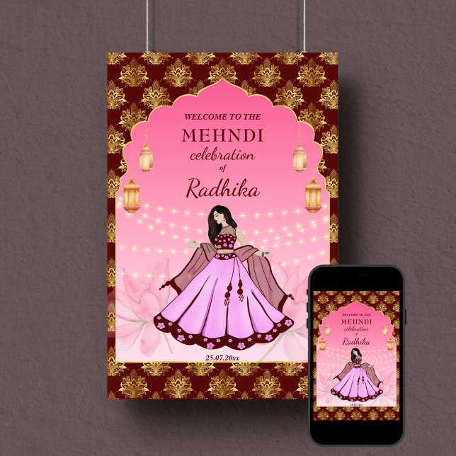 Poster Mehndi: sinal de boas-vindas dançando maron de noi (Mehndi welcome sign poster instant download maroon and gold pink arch frame dancing Indian bride)