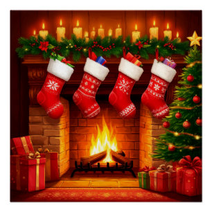 Pôster Meias de Natal Penduradas Acima da Lareira Quente