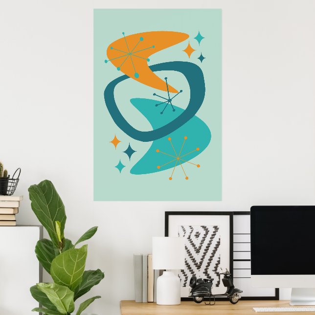 Poster Meio século Atômico 7 Aqua, Teal, Laranja (Escritório em casa)